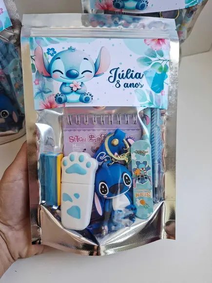 Kit Papelaria Fofa Saquinho Zip Personalizado Stitch