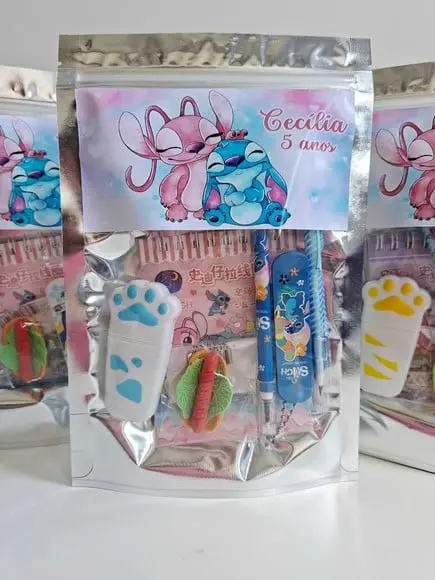 Kit Papelaria Fofa Saquinho Zip Personalizado Stitch Angel