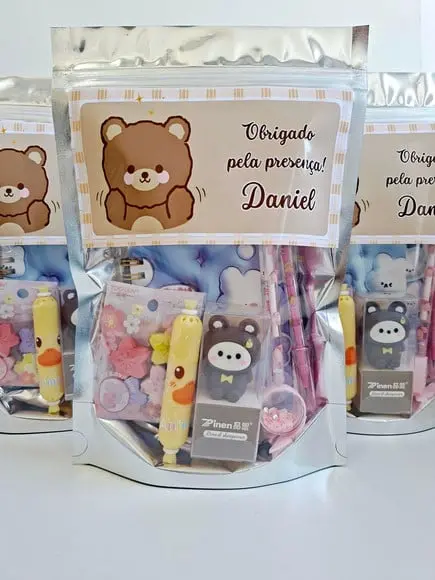 Kit Papelaria Fofa Saquinho Zip Personalizado Ursinho