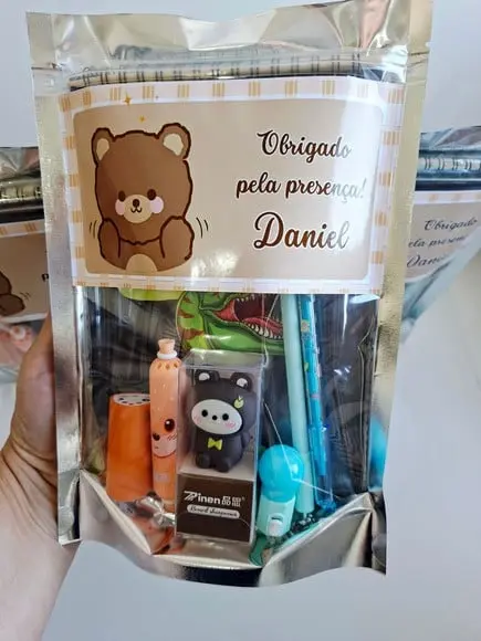 Kit Papelaria Fofa Saquinho Zip Personalizado Ursinho