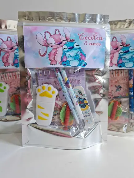 Kit Papelaria Fofa Saquinho Zip Personalizado Stitch Angel
