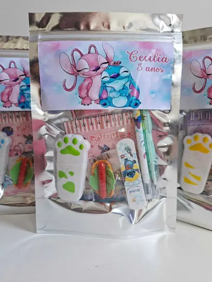 Kit Papelaria Fofa Saquinho Zip Personalizado Stitch Angel