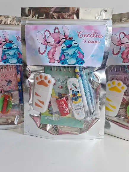Kit Papelaria Fofa Saquinho Zip Personalizado Stitch Angel