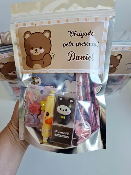 Kit Papelaria Fofa Saquinho Zip Personalizado Ursinho