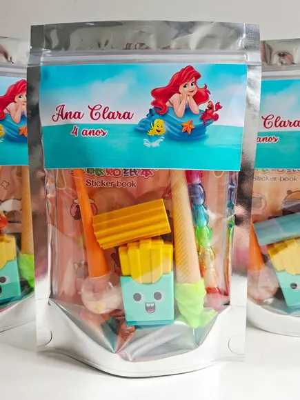 Kit Papelaria Saquinho Zip Personalizado Ariel Sereia