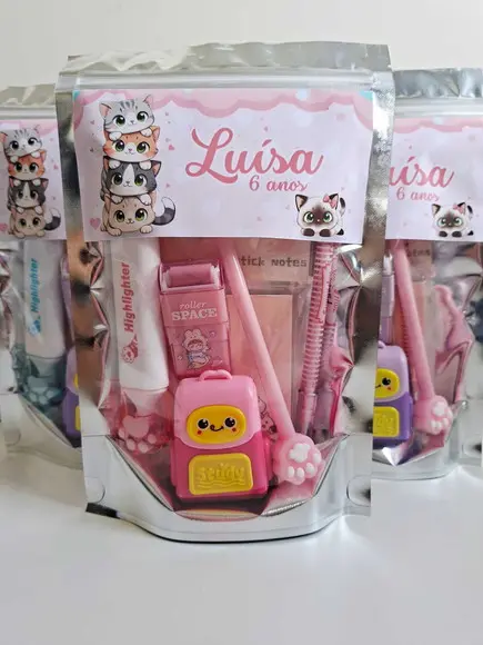 Kit Papelaria Saquinho Zip Personalizado Gatinho