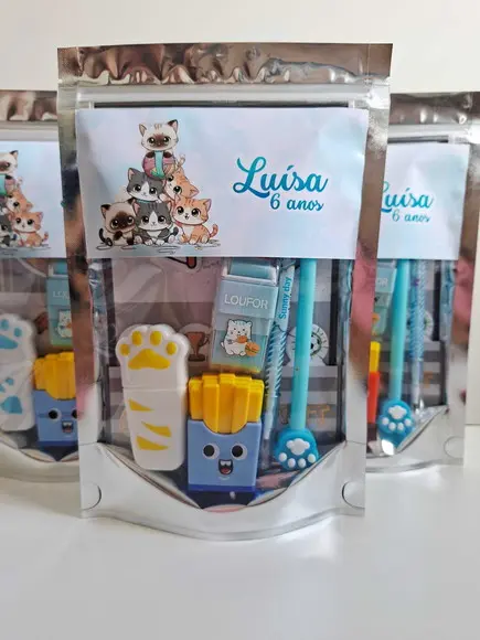 Kit Papelaria Saquinho Zip Personalizado Gatinho