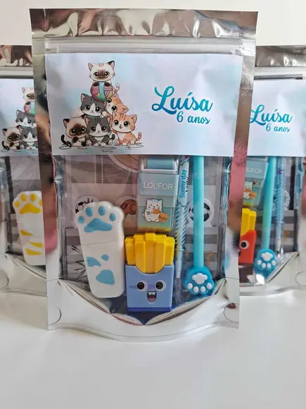 Kit Papelaria Saquinho Zip Personalizado Gatinho