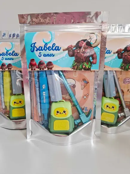Kit Papelaria Saquinho Zip Personalizado Moana Maui