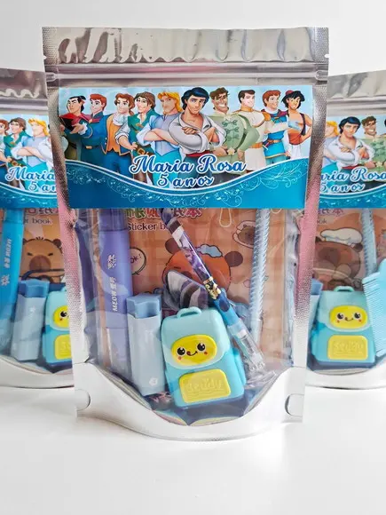 Kit Papelaria Saquinho Zip Personalizado Princesa e Príncipe