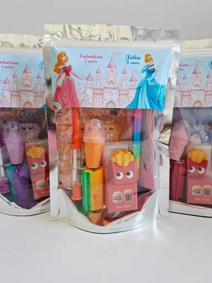 Kit Papelaria Saquinho Zip Personalizado Princesas