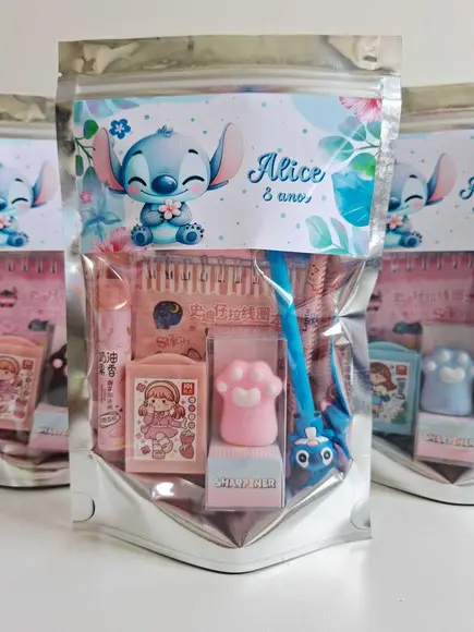 Kit Papelaria Saquinho Zip Personalizado Stitch