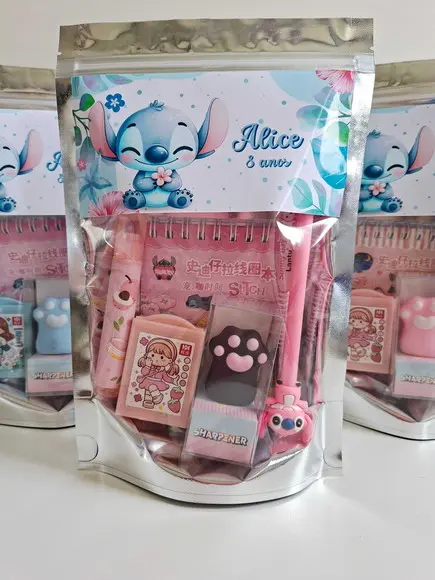 Kit Papelaria Saquinho Zip Personalizado Stitch