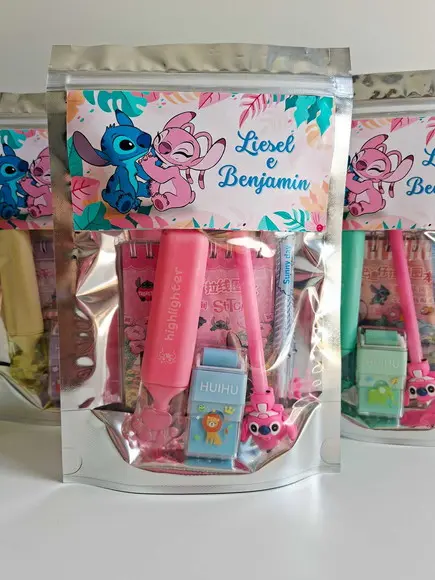 Kit Papelaria Saquinho Zip Personalizado Stitch Angel