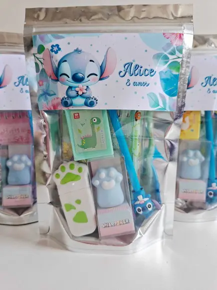Kit Papelaria Saquinho Zip Personalizado Stitch