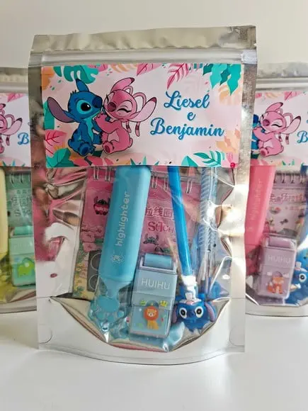 Kit Papelaria Saquinho Zip Personalizado Stitch Angel