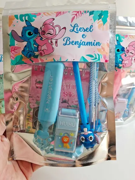 Kit Papelaria Saquinho Zip Personalizado Stitch Angel