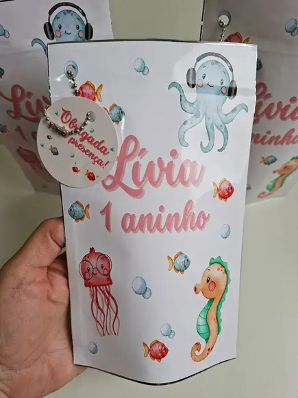 Saquinho Zip com Tag Lembrancinha 12x19,5 Fundo do Mar