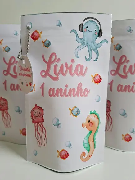 Saquinho Zip com Tag Lembrancinha 12x19,5 Fundo do Mar