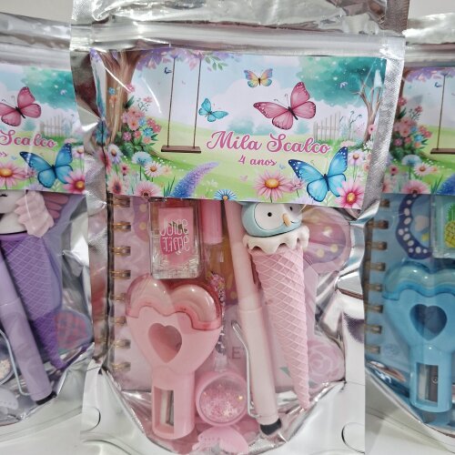 Kit Papelaria Saquinho Zip Personalizado Borboletas Jardim - Cópia
