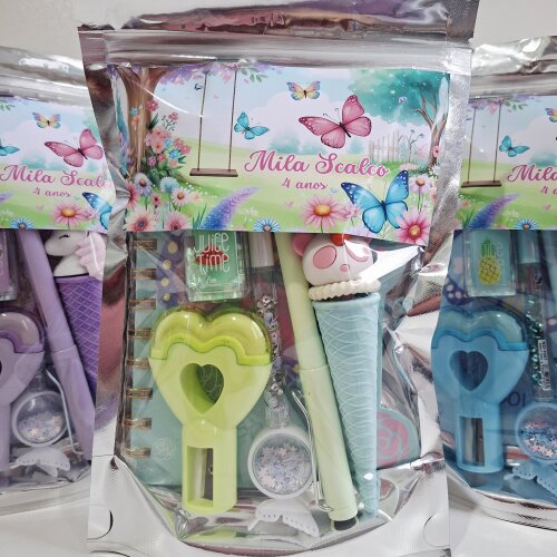 Kit Papelaria Saquinho Zip Personalizado Borboletas Jardim