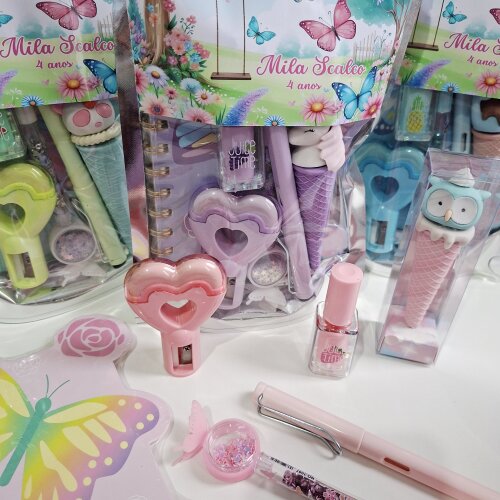 Kit Papelaria Saquinho Zip Personalizado Borboletas Jardim