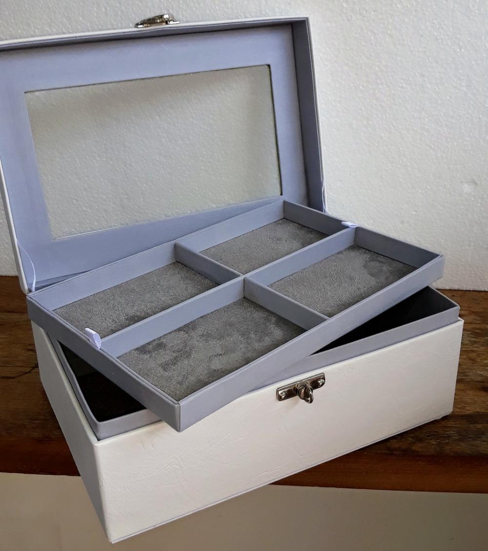 Porta JOias Grande Branco e Cinza com Visor de Vidro