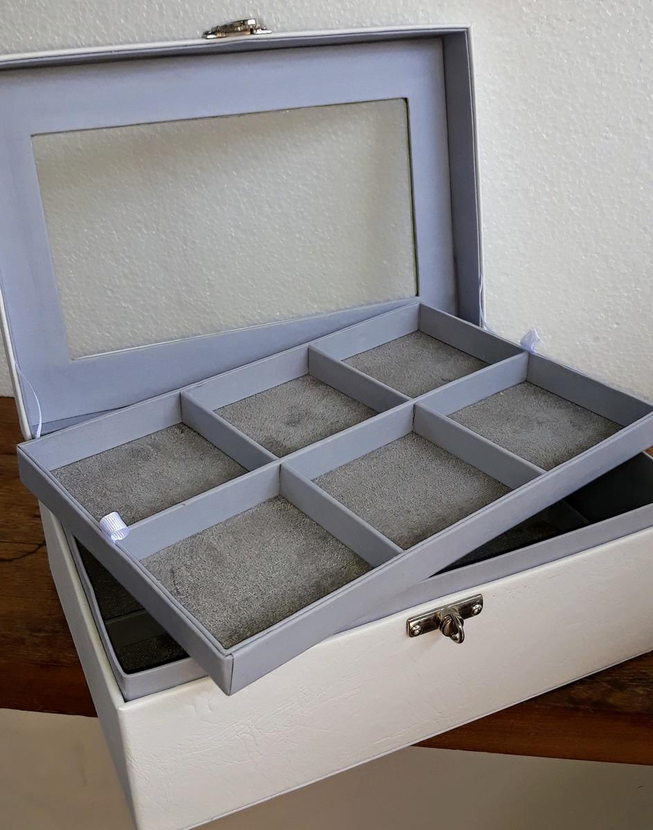 Porta JOias Grande Branco e Cinza com Visor de Vidro