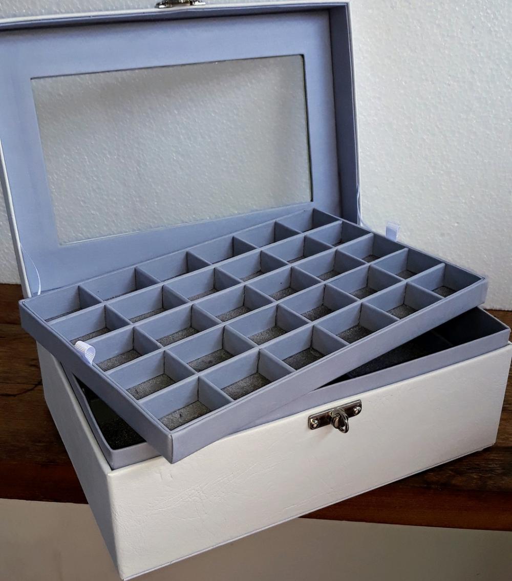 Porta JOias Grande Branco e Cinza com Visor de Vidro
