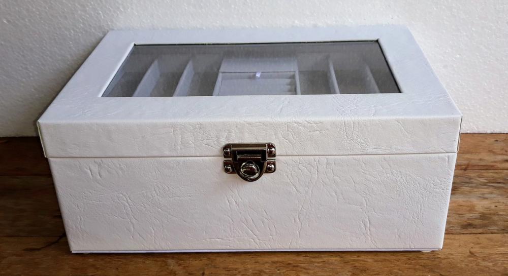 Porta JOias Grande Branco e Cinza com Visor de Vidro