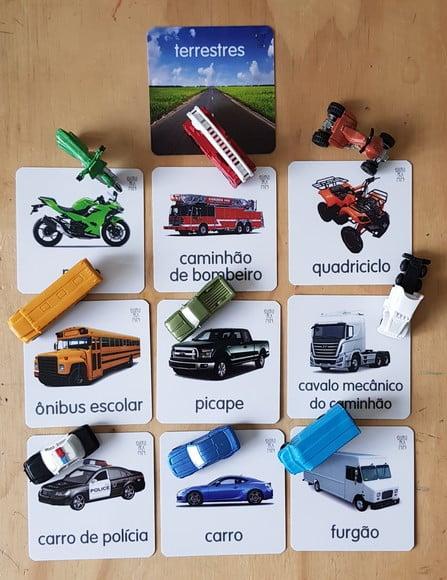 Kit 10 flashcards Meios Transportes Terrestres Safari Toob