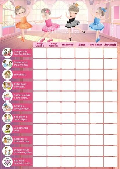 Quadro Tarefas/incentivo Infantil c/ Rotina Visual Ballet A4