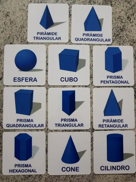 Kit 11 flashcards Sólidos Geométricos atividades montessori