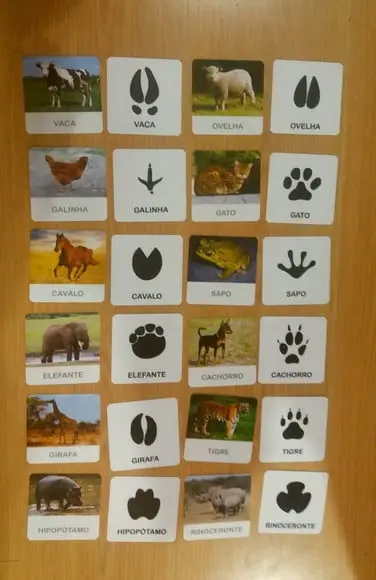 Kit 24 Flashcards Pegadas de Animais Pareamento Montessori