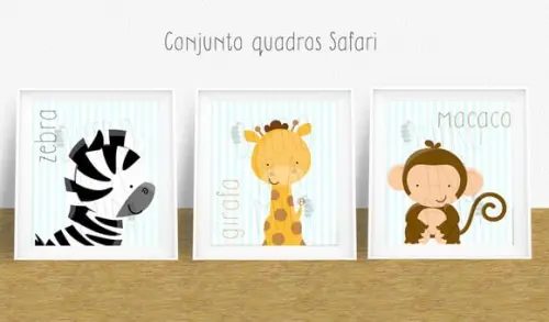 Kit c/ 3 Quadros Animais Safari quarto infantil 20x20cm