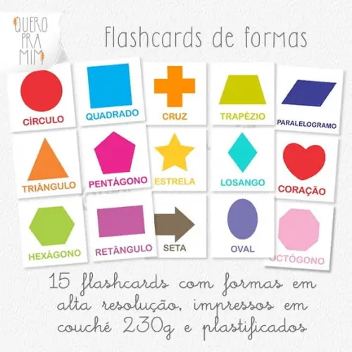 Kit com 12 flashcards formas geométricas coloridas