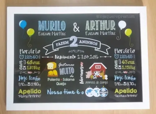 Quadro ou Chalkboard de aniversário para gêmeos gêmeas A4