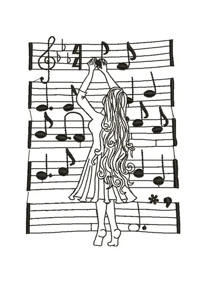 Matriz de Bordado Moça e Notas Musicais