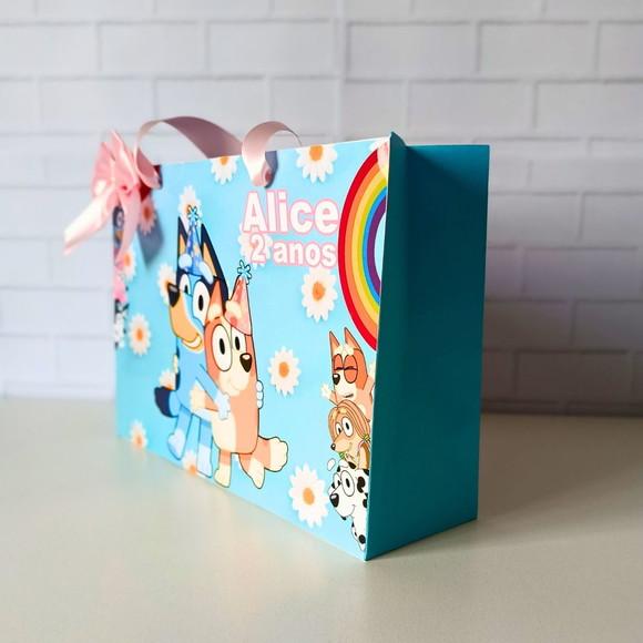 Sacola Personalizada( G ) Bluey Azul- com Alça e Laço Cetim