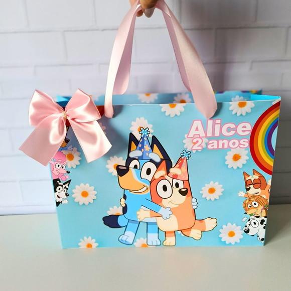 Sacola Personalizada( G ) Bluey Azul- com Alça e Laço Cetim