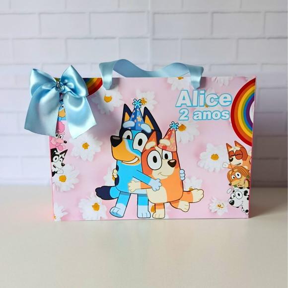 Sacola Personalizada( G ) Bluey Rosa- com Alça e Laço Cetim