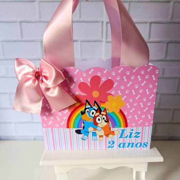 Sacolinha Personalizada Bluey Rosa com Alça de Cetim e Laço