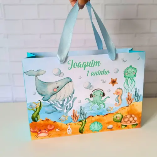 Sacola Personalizada G Fundo do Mar Aquarela ( Menino )