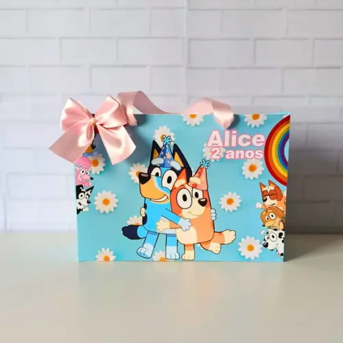 Sacola Personalizada( G ) Bluey Azul- com Alça e Laço Cetim