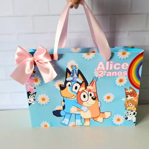 Sacola Personalizada( G ) Bluey Azul- com Alça e Laço Cetim