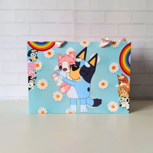 Sacola Personalizada( G ) Bluey Azul- com Alça e Laço Cetim