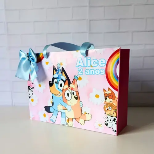 Sacola Personalizada( G ) Bluey Rosa- com Alça e Laço Cetim
