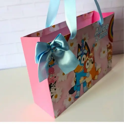 Sacola Personalizada( G ) Bluey Rosa- com Alça e Laço Cetim