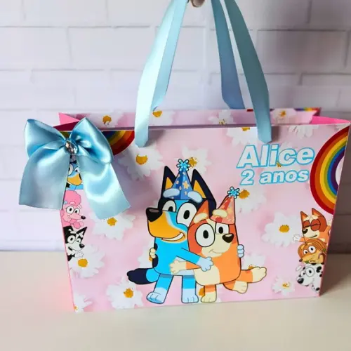 Sacola Personalizada( G ) Bluey Rosa- com Alça e Laço Cetim