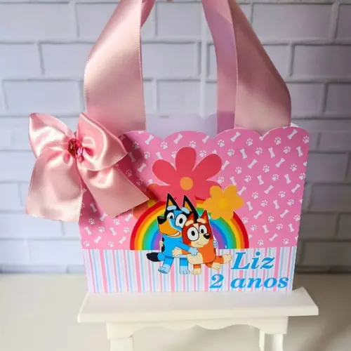 Sacolinha Personalizada Bluey Rosa com Alça de Cetim e Laço